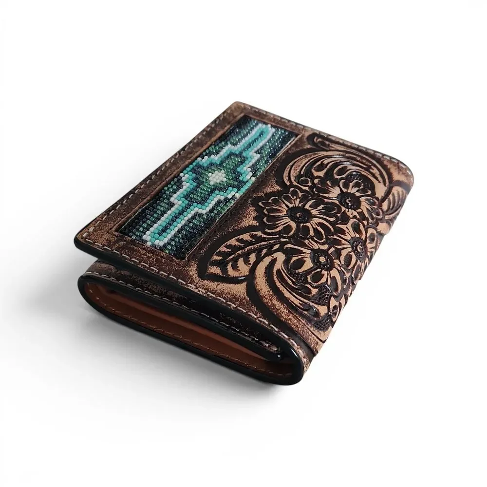 Ranger Belt Co H1020T Trifold Wallet Tooled Leather Beaded Western Brown NIB